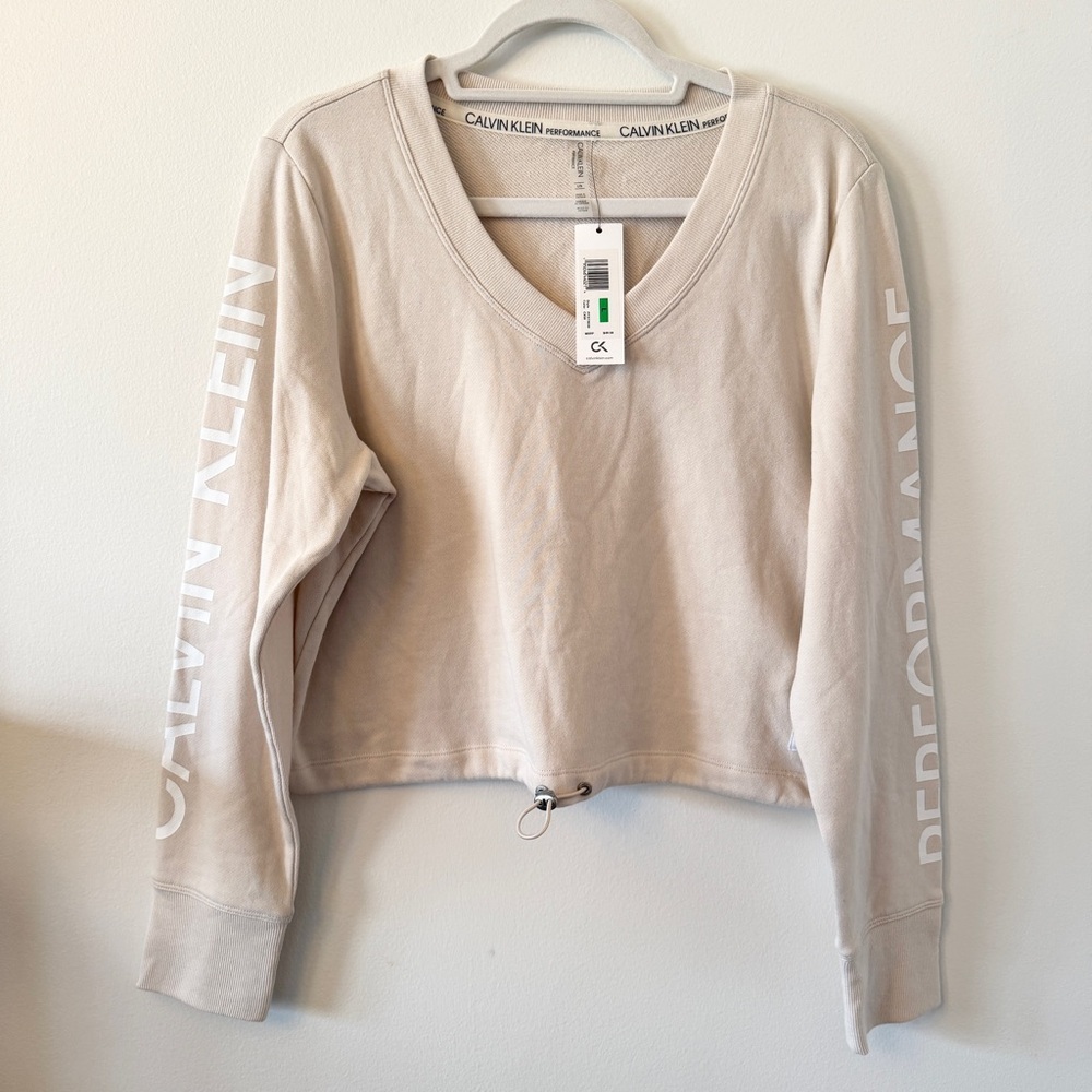 Calvin Klein Cropped Sweatshirt Logo Sleeve Beige Size Large NWT